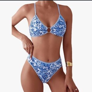 NWOT Blue Floral Paisley 2pc Swimsuit Bikini sz Large gold O-ring hardware